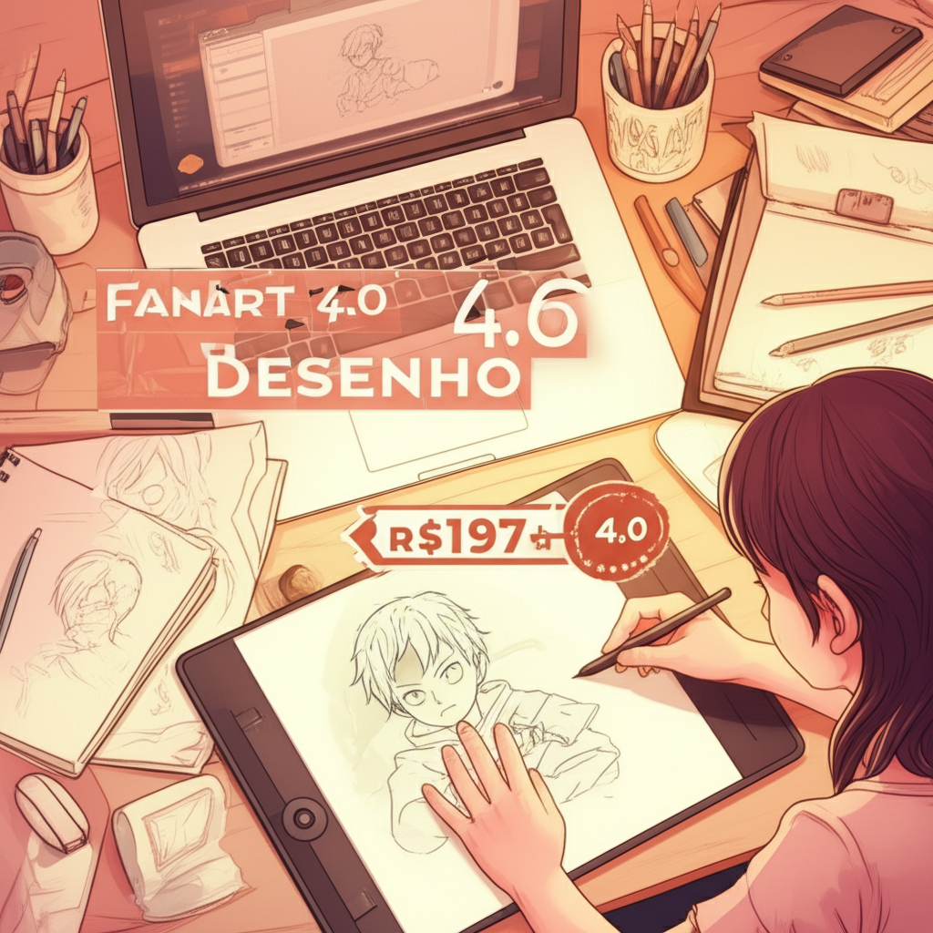 Ilustração de um artista iniciante desenhando fanart com lápis e tablet, ao lado de um laptop mostrando a página de vendas do curso Fanart 4.0 Desenho.