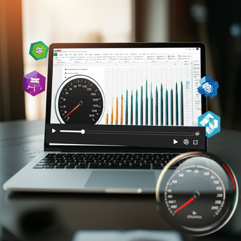 Laptop com Excel aberto, vídeo em reprodução acelerada, indicadores de velocidade, ícones de Power Query, Power Pivot e Copilot, interface Hotmart ao fundo.