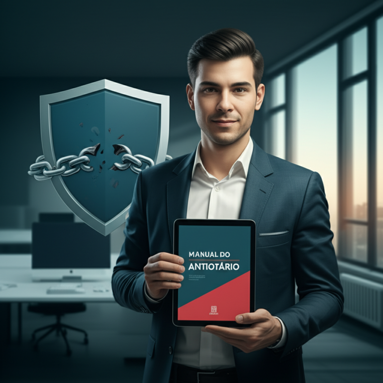 Homem de negócios lendo o ebook 'Manual do Antiotário' em tablet, simbolizando proteção contra relacionamentos tóxicos.