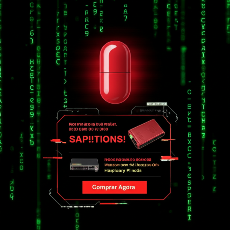 Ilustração de login agressivo do curso Bitcoin Black Pill com pop‑up de upsell e pílula vermelha de Bitcoin.