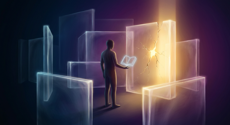 Imagem conceitual de uma pessoa em um ambiente escuro cercada por barreiras que se rompem, simbolizando a superação de bloqueios mentais e a autossabotagem com o e-book 'Vidas Bloqueadas' de Ivan Maia.