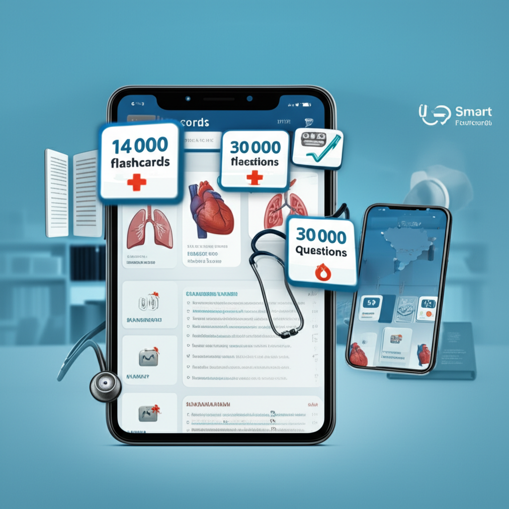 Ilustração de tablet e smartphone mostrando a interface do Medcards FULL com flashcards médicos, questões de residência e ícones de recursos multimídia.
