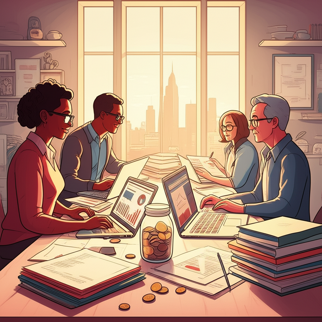 Grupo diverso estudando educação financeira em um ambiente de home office, com laptops, livros e moedas.