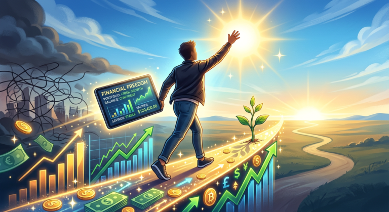 Pessoa alcançando liberdade financeira, com gráficos de crescimento e dinheiro organizado, representando o curso Viva Sempre com Dinheiro para sair das dívidas.