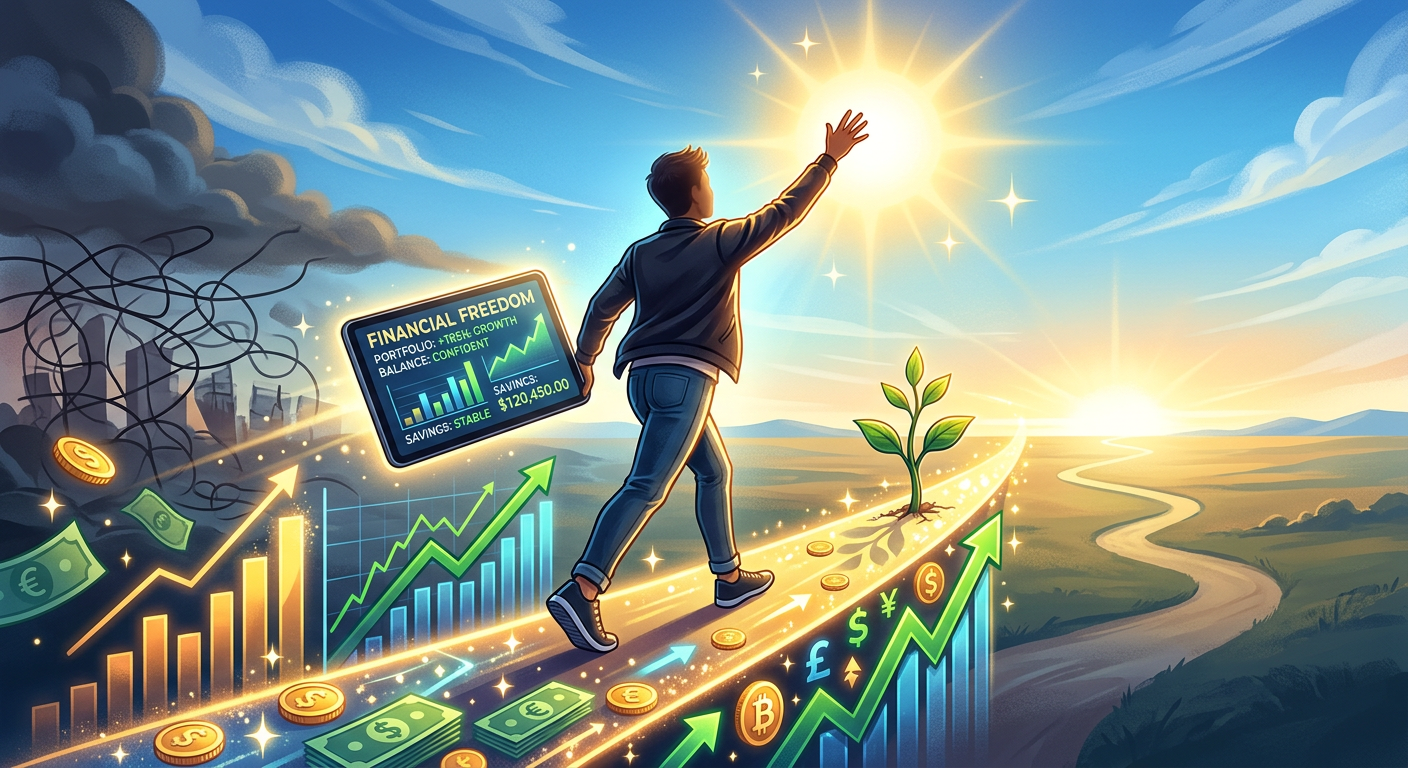 Pessoa alcançando liberdade financeira, com gráficos de crescimento e dinheiro organizado, representando o curso Viva Sempre com Dinheiro para sair das dívidas.
