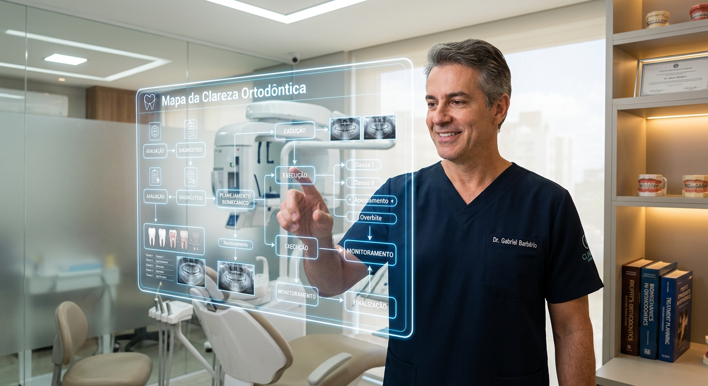 Dr. Gabriel Barbério apresentando o método 'Mapa da Clareza Ortodôntica' em tela digital, simbolizando a integridade e exclusividade do conteúdo do Viver de Orto.