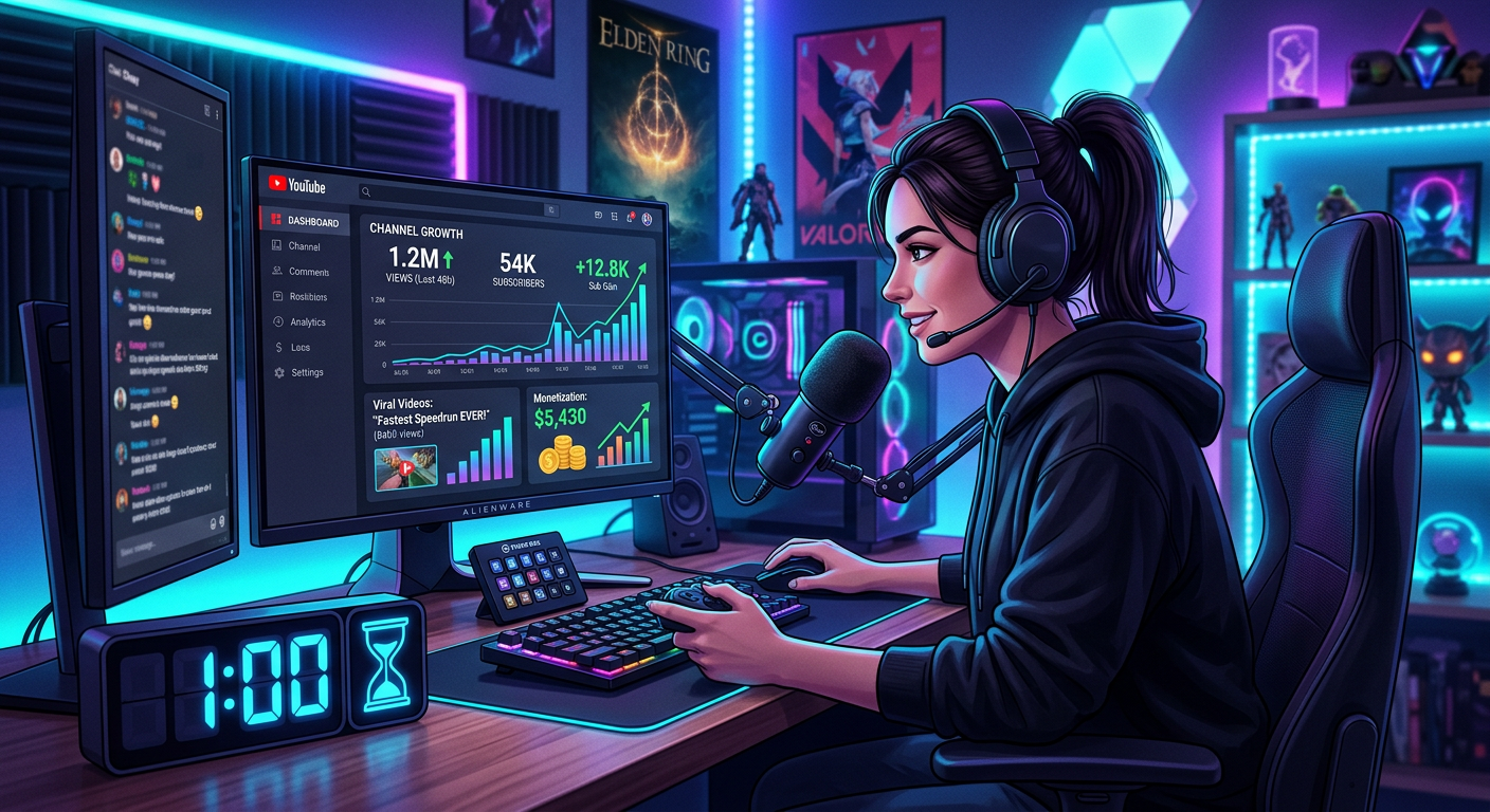 Gamer focado em seu setup com monitor exibindo gráficos de crescimento do YouTube e relógio marcando 1 hora, simbolizando o sucesso e a monetização com pouco tempo de dedicação.