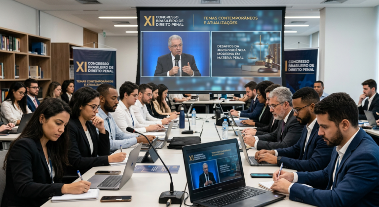 Pessoas assistindo a um jurista renomado palestrar online em um congresso de Direito Penal, demonstrando engajamento e atualização.