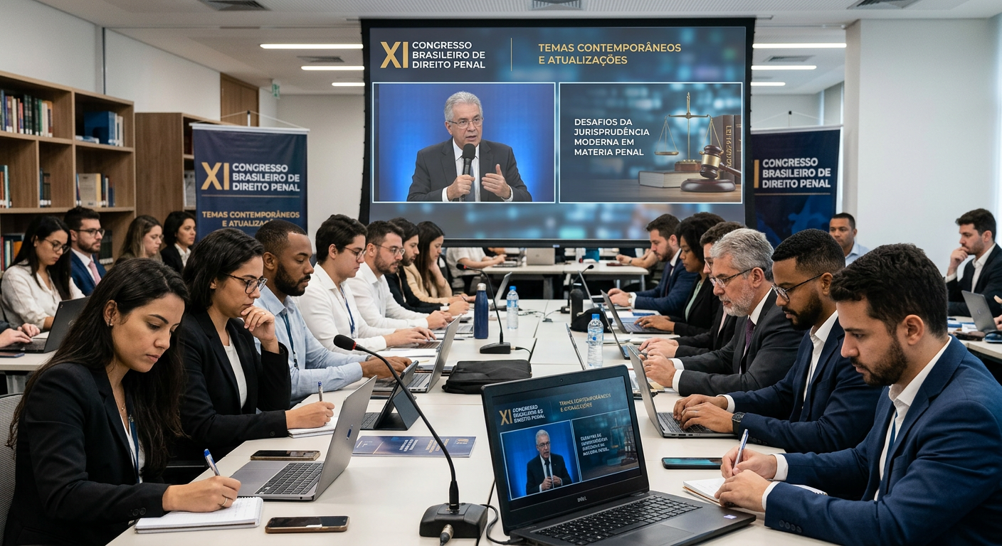 Pessoas assistindo a um jurista renomado palestrar online em um congresso de Direito Penal, demonstrando engajamento e atualização.