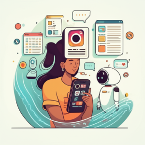 Pessoa sorrindo e relaxada olhando o smartphone com ícones de redes sociais e IA organizando posts, simbolizando a facilidade do ZapPost para criação de conteúdo diário.