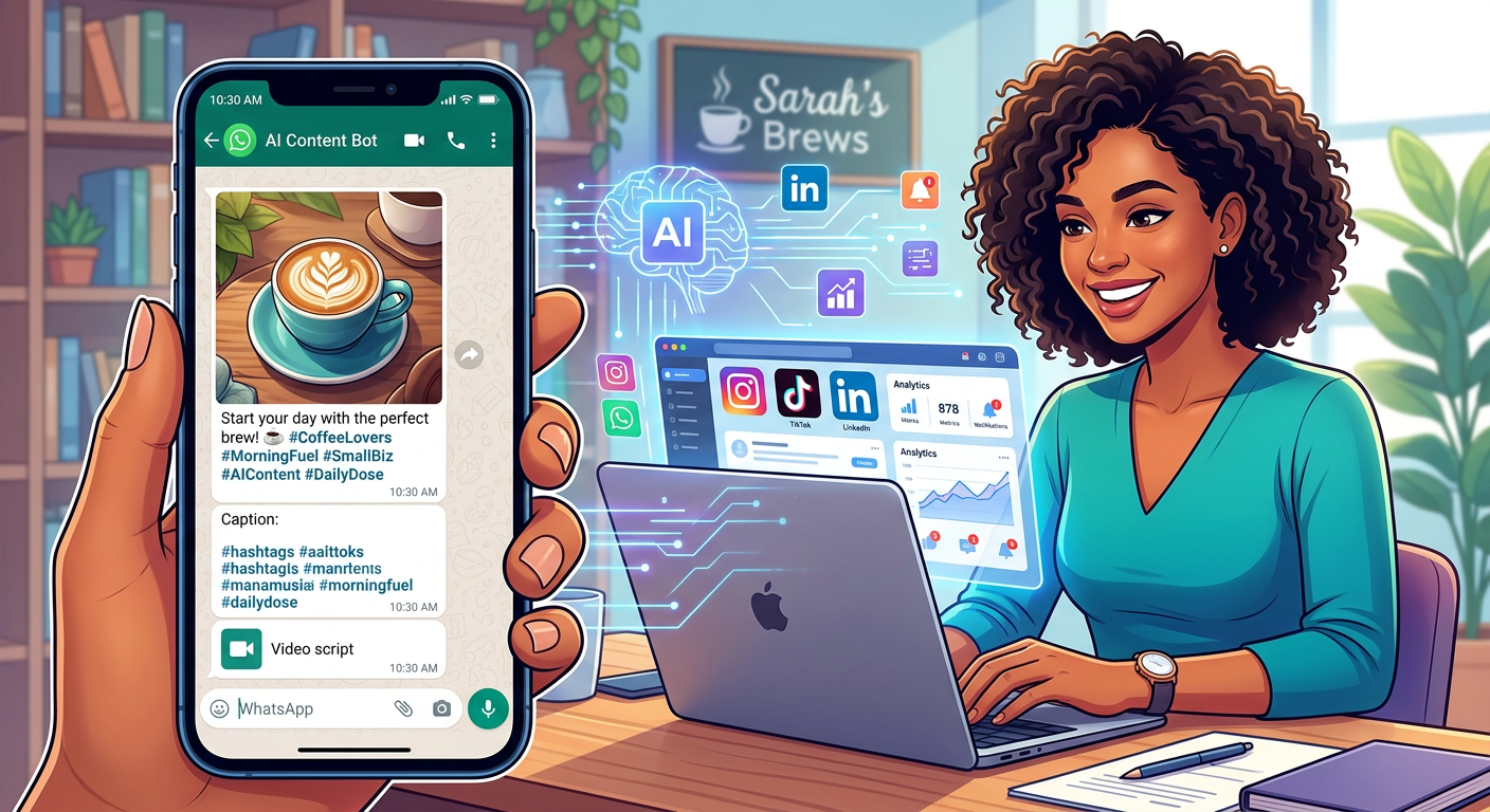Smartphone exibindo conteúdo do ZapPost via WhatsApp, com ícones de redes sociais ao fundo, representando posts diários automatizados para negócios.