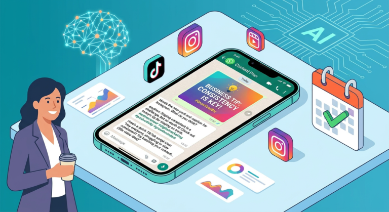 Smartphone exibindo um chat do WhatsApp com um post pronto para redes sociais, incluindo imagem, legenda e roteiro de vídeo, cercado por ícones de inteligência artificial e mídias sociais, simbolizando a automação de conteúdo diário.