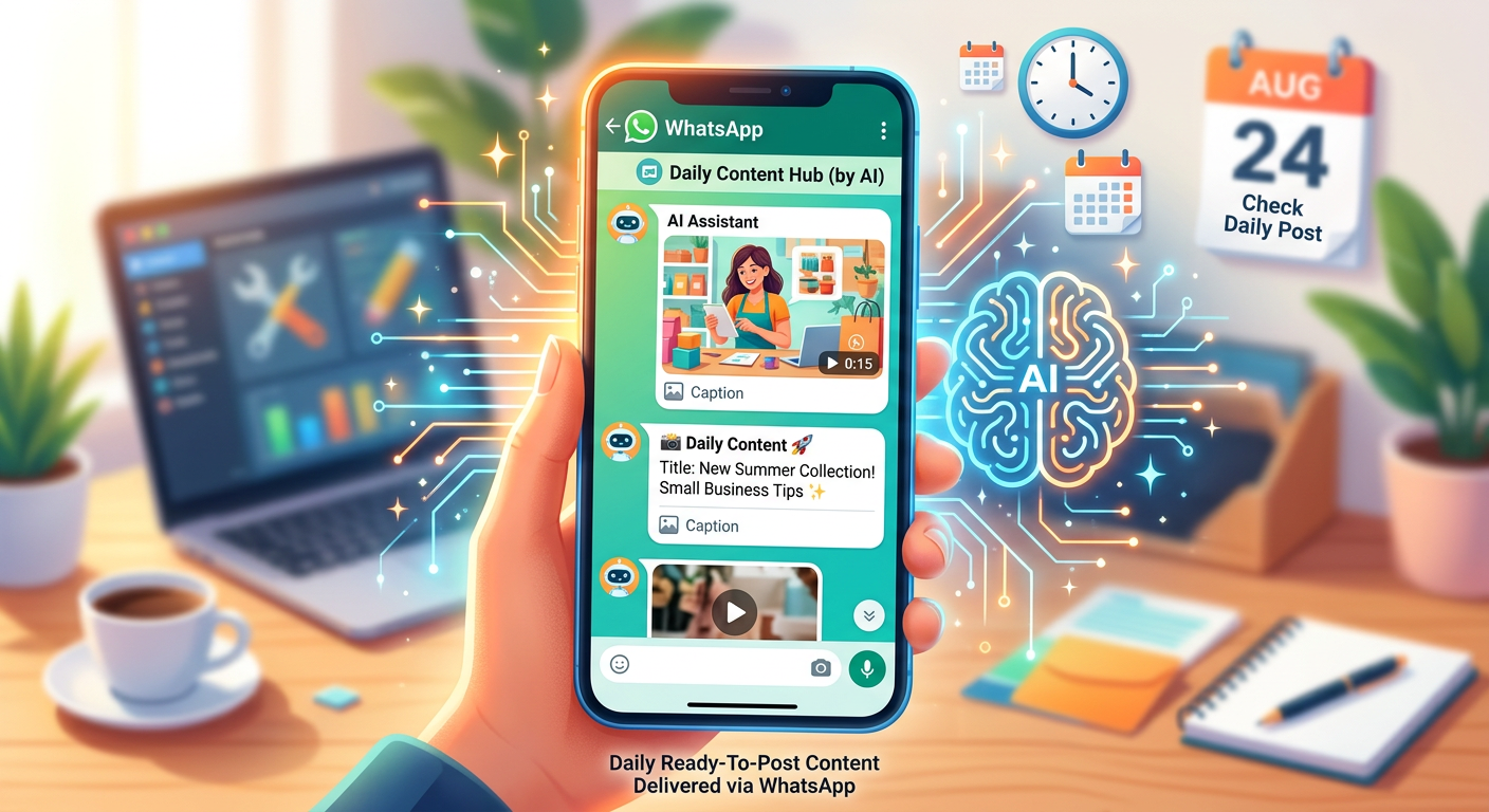 Smartphone exibindo a interface do WhatsApp com mensagens diárias contendo posts prontos, imagens, legendas e roteiros de vídeo para redes sociais, gerados por IA.