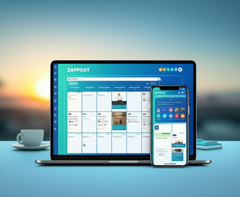 Interface of ZAPPOST showing daily post calendar and AI content suggestions on desktop and mobile screens.