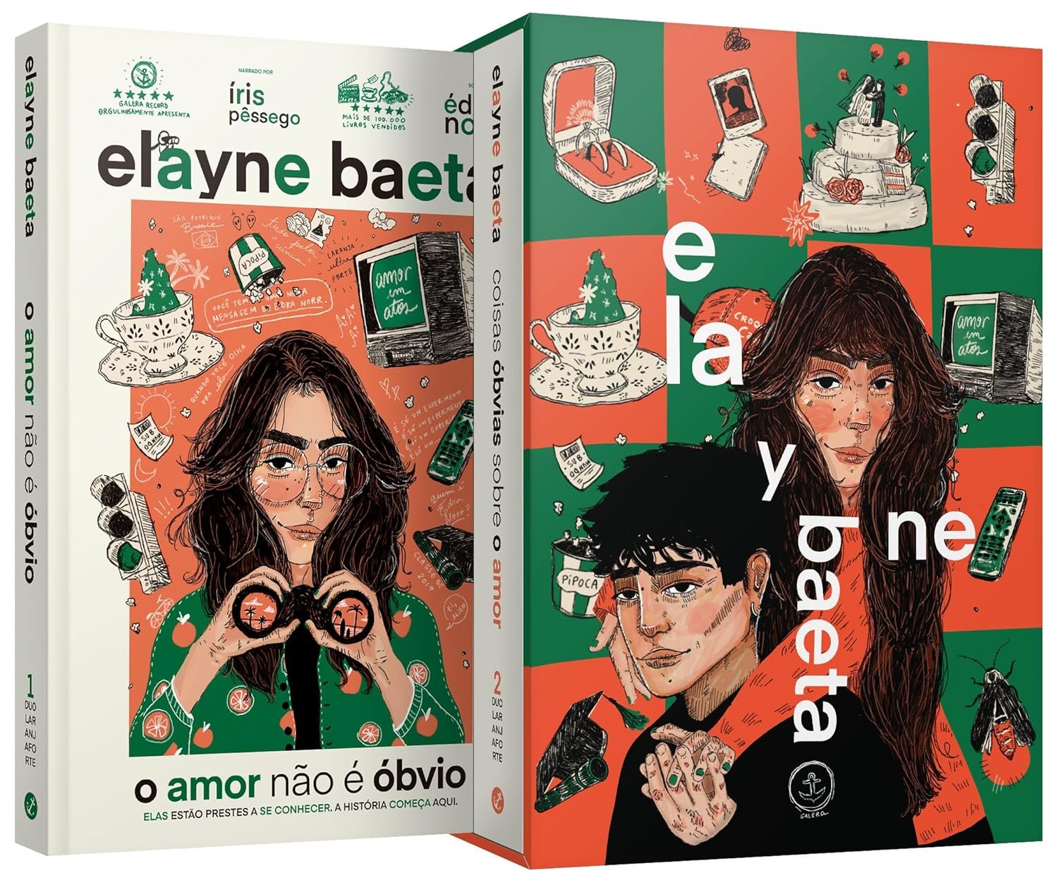 Box Duologia Laranja‑forte com eco bag e marcadores, ilustrado em estilo editorial, tema de amor entre garotas
