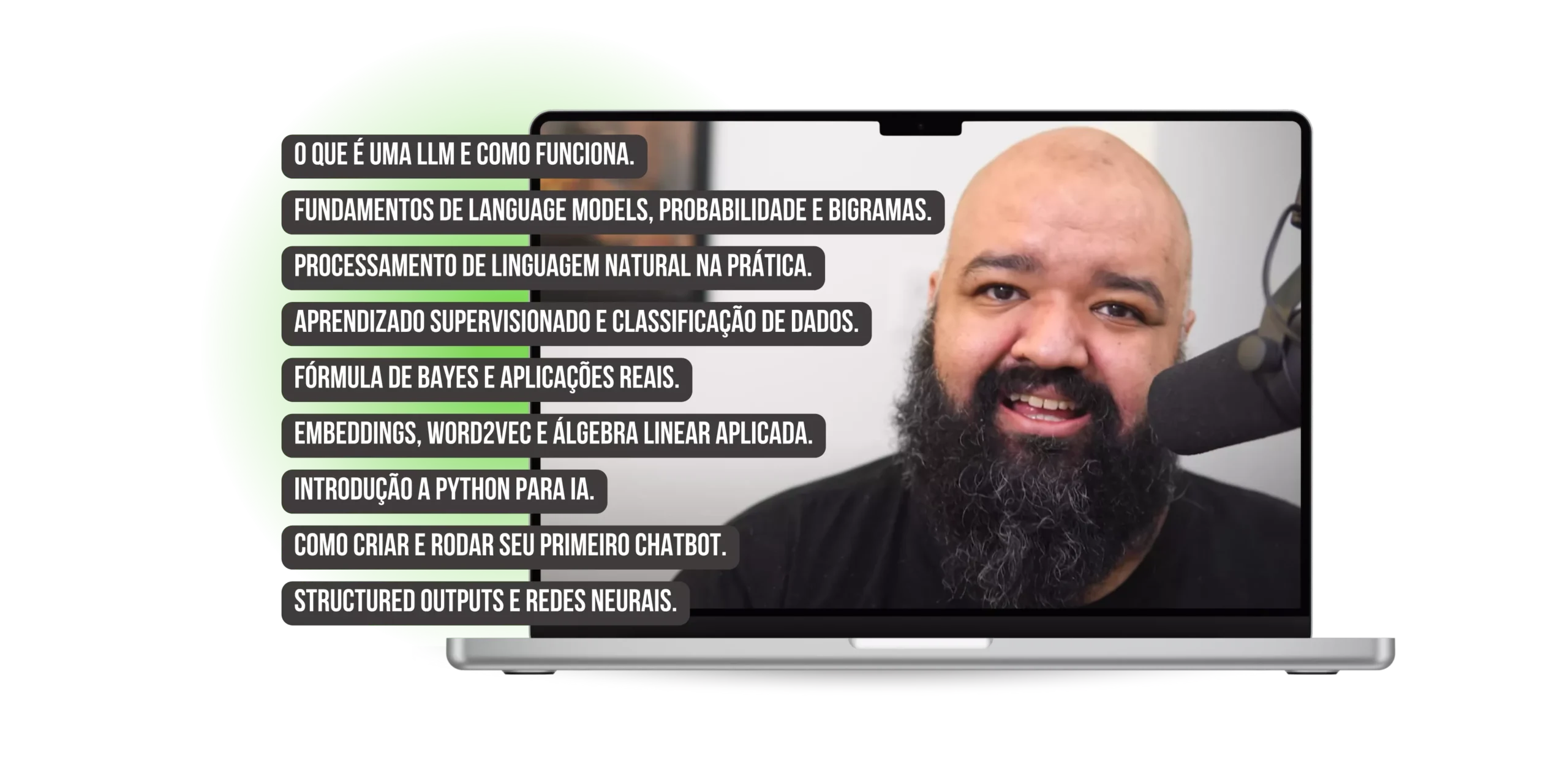 Caio Gomes, autor do curso O Senhor das LLMs, explicando como transformar prompts em soluções reais em um ambiente digital futurista.