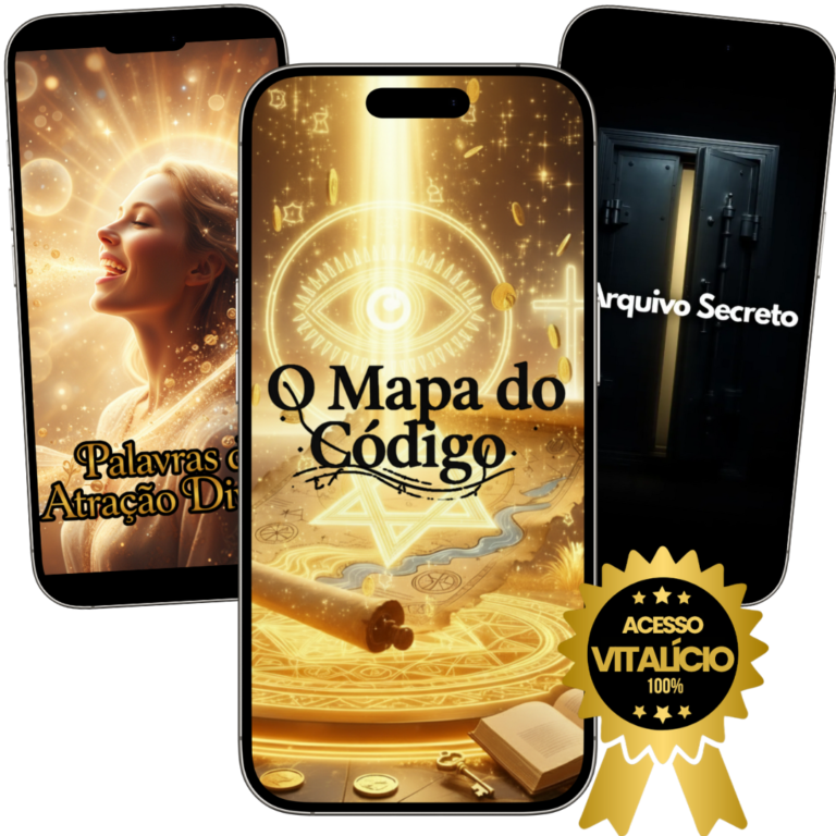 Illustration of the book cover for "O Código de Deus" by Victor Doné, featuring mystical symbols, quantum physics imagery, and a glowing aura.