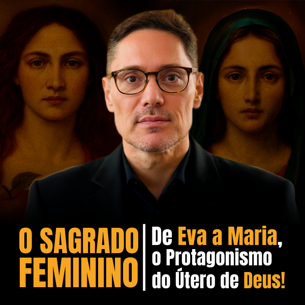 Representação simbólica de Eva e Maria entrelaçadas, com motivos bíblicos e psicológicos, evocando a maternidade divina.