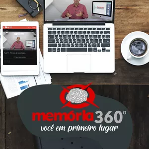 Brain composed of puzzle pieces representing memory techniques, surrounded by books and digital tools, with a 360° symbol and a figure holding a flashcard.