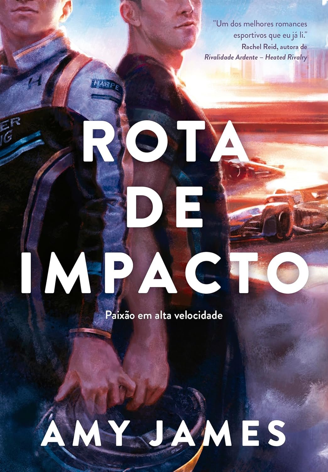 High-speed Formula 1 car with red and blue livery racing at sunset, heart-shaped smoke trail symbolizing the love story in 'Rota de Impacto'.